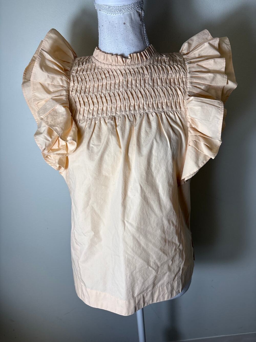 Magali Pascal Peach Cotton Flutter Sleeve Smocked Shirt Sz S